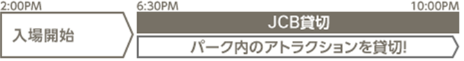 2:00PM 入場開始　6:30PM～10:00PM JCB貸切 ［パーク内のアトラクションを貸切！］