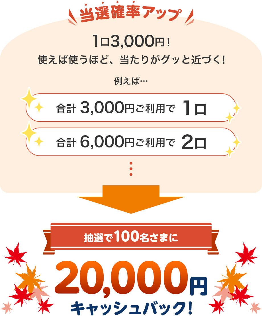 当選確率アップ 1口3,000円！使えば使うほど、当たりがグッと近づく！例えば・・・合計3,000円ご利用で1口 合計6,000円ご利用で2口抽選で100名さまに20,000円キャッシュバック！