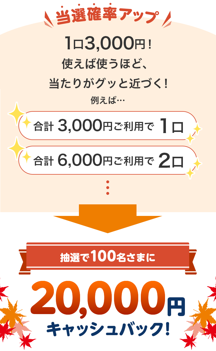 当選確率アップ 1口3,000円！使えば使うほど、当たりがグッと近づく！例えば・・・合計3,000円ご利用で1口 合計6,000円ご利用で2口抽選で100名さまに20,000円キャッシュバック！