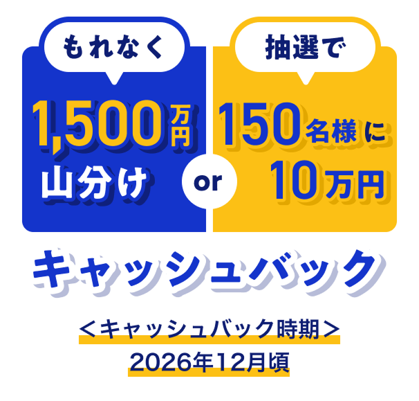 もれなく1,500万円山分けor抽選で150名様に10万円キャッシュバック ＜キャッシュバック時期＞2026年12月頃
