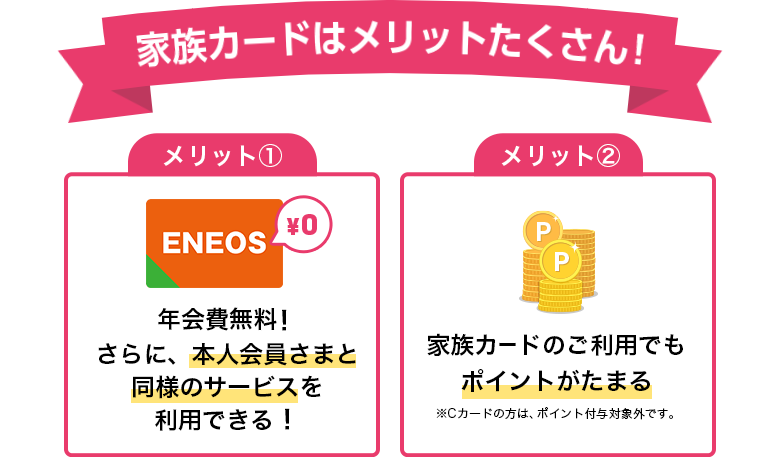 【家族カードはメリットたくさん！】［メリット①］年会費無料！さらに、本人会員さまと同様のサービスを利用できる！［メリット②］家族カードのご利用でもポイントがたまる ※Cカードの方は、ポイント付与対象外です。