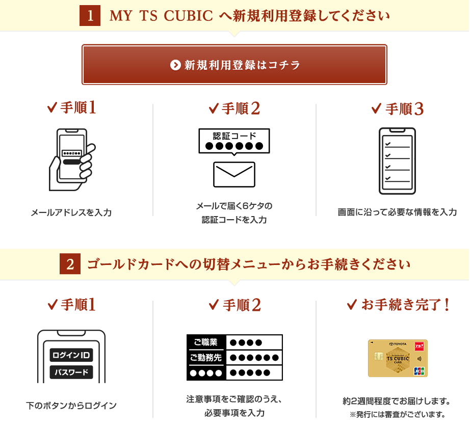 1 MY TS CUBICへ新規利用登録してください 新規利用登録はコチラ 手順1 メールアドレスを入力 手順2 メールで届く6ケタの認証コードを入力 手順3 画面に沿って必要な情報を入力 2 ゴールドカードへの切替メニューからお手続きください 手順1 下のボタンからログイン 手順2 注意事項をご確認のうえ、必要事項を入力 お手続き完了！約2週間程度でお届けします。※発行には審査がございます。