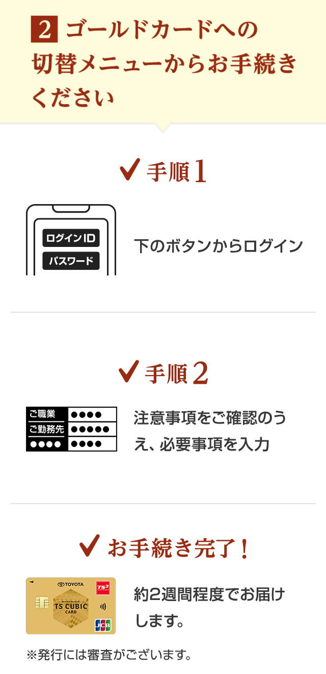 2 ゴールドカードへの切替メニューからお手続きください 手順1 下のボタンからログイン 手順2 注意事項をご確認のうえ、必要事項を入力 お手続き完了！約2週間程度でお届けします。※発行には審査がございます。
