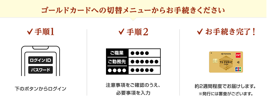 ゴールドカードへの切替メニューからお手続きください 手順1 下のボタンからログイン 手順2 注意事項をご確認のうえ、必要事項を入力 お手続き完了！約2週間程度でお届けします。※発行には審査がございます。