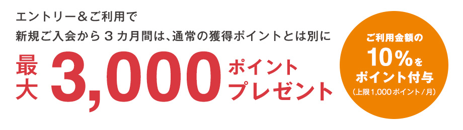 エントリー&ご利用で新規ご入会から3カ月間は、通常の獲得ポイントとは別に最大3,000ポイントプレゼント ご利用金額の10%をポイント付与(上限1,000ポイント/月)