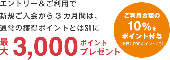 エントリー&ご利用で新規ご入会から3カ月間は、通常の獲得ポイントとは別に最大3,000ポイントプレゼント ご利用金額の10%をポイント付与(上限1,000ポイント/月)