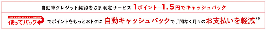 自動車クレジット契約者さま限定サービス 1ポイント=1.5円でキャッシュバック 使ってバックでポイントをもっとおトクに 自動キャッシュバックで手間なく月々のお支払いを軽減*5