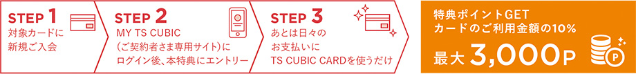STEP1 対象カードに新規ご入会 STEP2 MY TS CUBIC(ご契約者さま専用サイト)にログイン後、本特典にエントリー STEP3 あとは日々のお支払いにTS CUBIC CARDを使うだけ