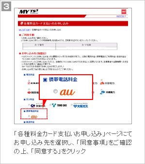 3.「各種料金カード支払いお申し込み」ページにて、お申し込み先を選択し、「同意事項」をご確認の上、「同意する」をクリック
