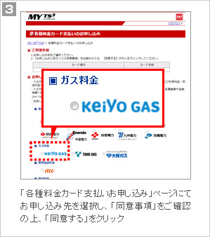3.「各種料金カード支払いお申し込み」ページにて、お申し込み先を選択し、「同意事項」をご確認の上、「同意する」をクリック