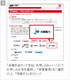 3.「各種料金カード支払いお申し込み」ページにて、お申し込み先を選択し、「同意事項」をご確認の上、「同意する」をクリック