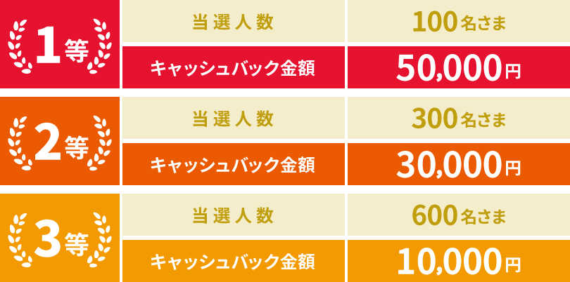1等 当選人数100名さま キャッシュバック金額 50,000円 2等 当選人数300名さま キャッシュバック金額 30,000円 3等 当選人数600名さま キャッシュバック金額 10,000円