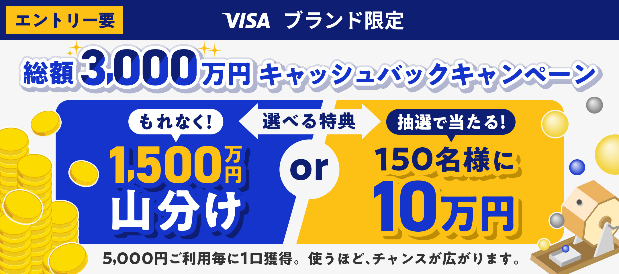 エントリー要 VISA ブランド限定 総額3,000万円キャッシュバックキャンペーン 選べる特典 もれなく！1,500万円山分けor抽選で当たる！150名様に10万円 5,000円ご利用毎に1口獲得。使うほど、チャンスが広がります。